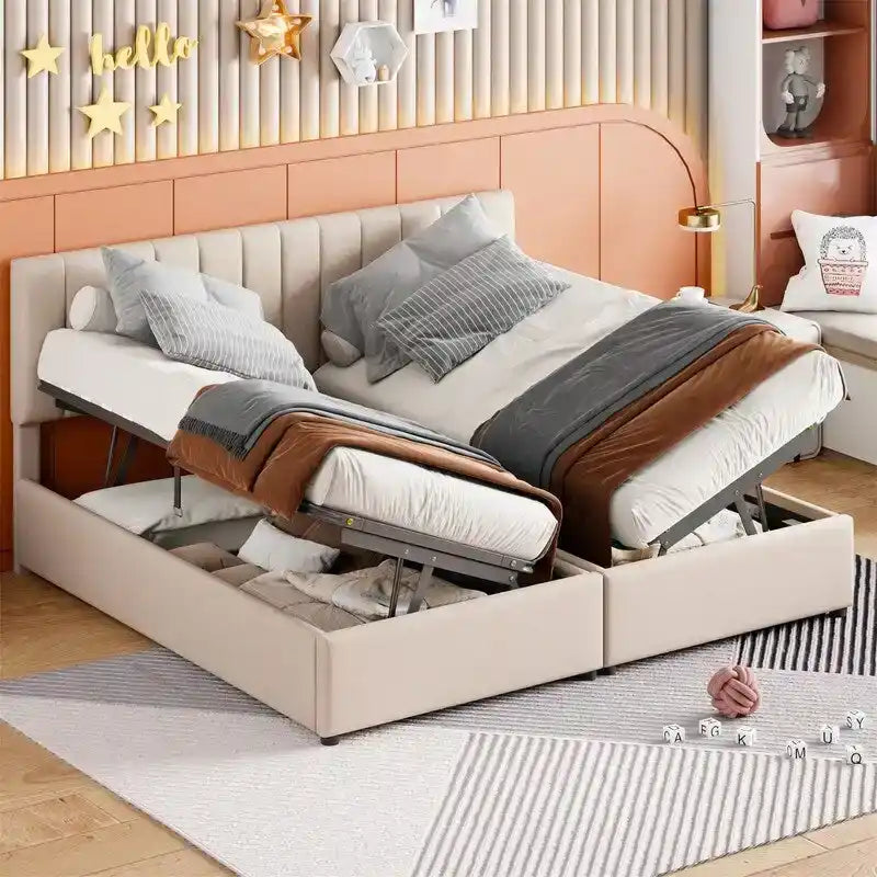 Lit coffre King Size avec tête de lit et rangement sous le lit, lit plateforme rembourré avec système de rangement hydraulique