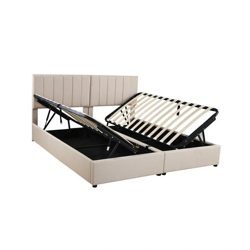 Lit coffre King Size avec tête de lit et rangement sous le lit, lit plateforme rembourré avec système de rangement hydraulique