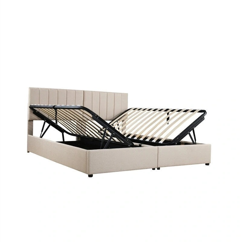 Lit coffre King Size avec tête de lit et rangement sous le lit, lit plateforme rembourré avec système de rangement hydraulique