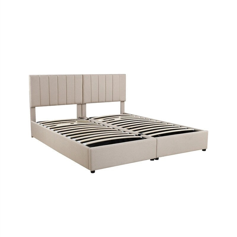Lit coffre King Size avec tête de lit et rangement sous le lit, lit plateforme rembourré avec système de rangement hydraulique