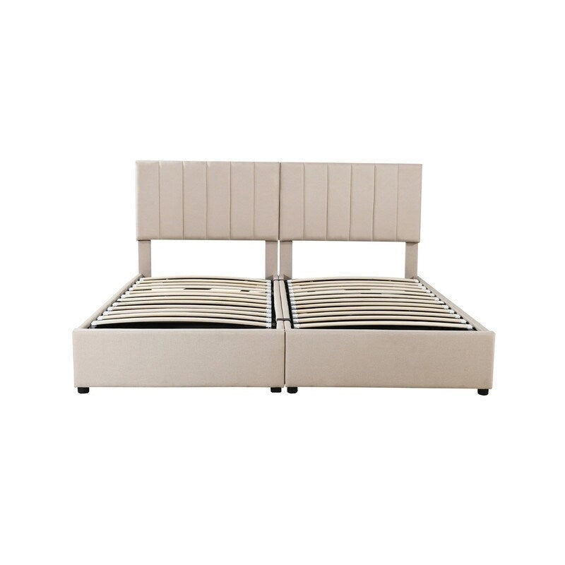 Lit coffre King Size avec tête de lit et rangement sous le lit, lit plateforme rembourré avec système de rangement hydraulique