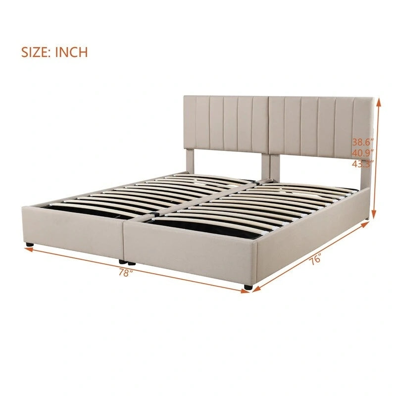 Lit coffre King Size avec tête de lit et rangement sous le lit, lit plateforme rembourré avec système de rangement hydraulique