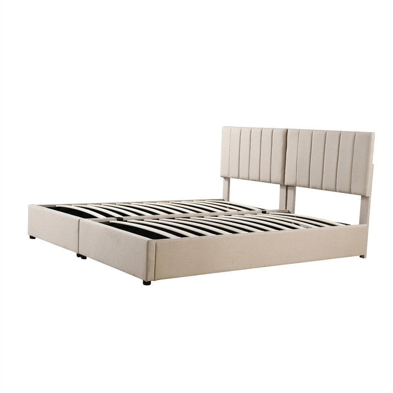 Lit coffre King Size avec tête de lit et rangement sous le lit, lit plateforme rembourré avec système de rangement hydraulique