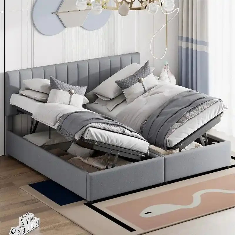 Lit coffre King Size avec tête de lit et rangement sous le lit, lit plateforme rembourré avec système de rangement hydraulique