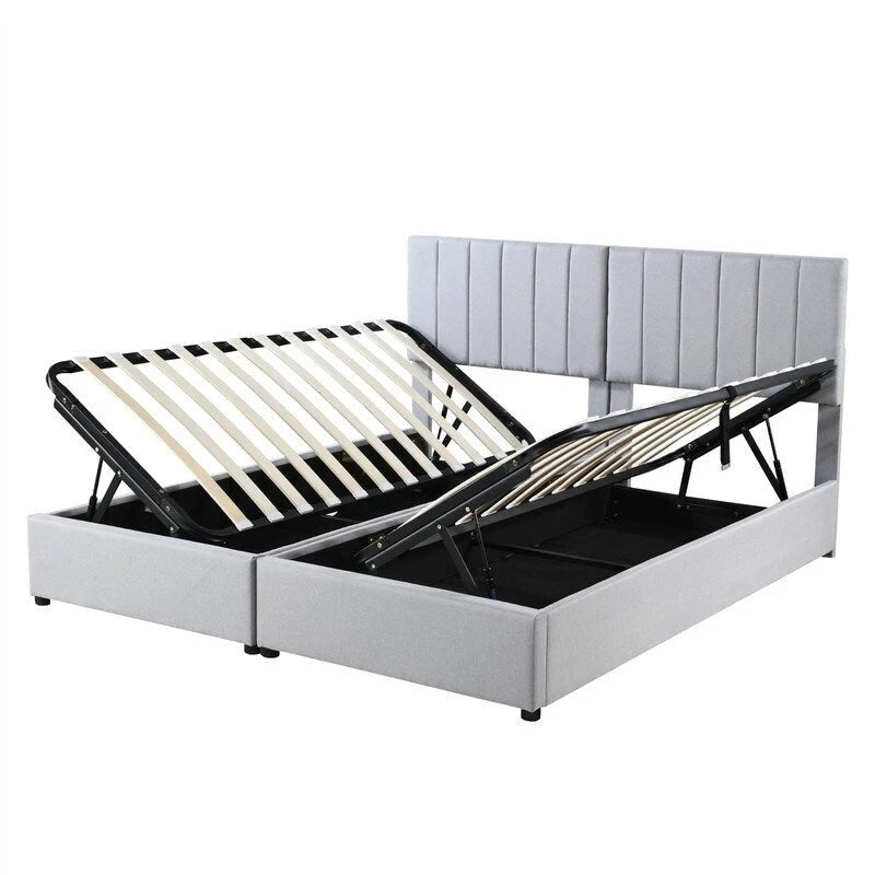 Lit coffre King Size avec tête de lit et rangement sous le lit, lit plateforme rembourré avec système de rangement hydraulique