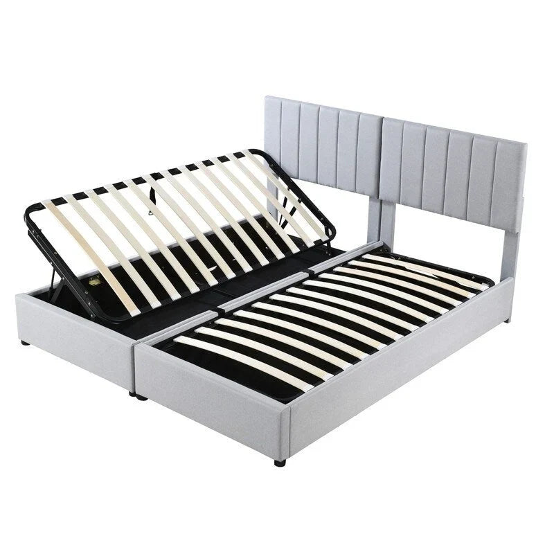 Lit coffre King Size avec tête de lit et rangement sous le lit, lit plateforme rembourré avec système de rangement hydraulique