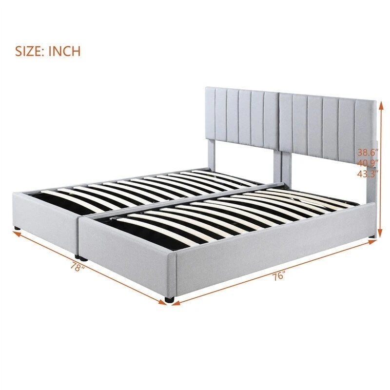 Lit coffre King Size avec tête de lit et rangement sous le lit, lit plateforme rembourré avec système de rangement hydraulique
