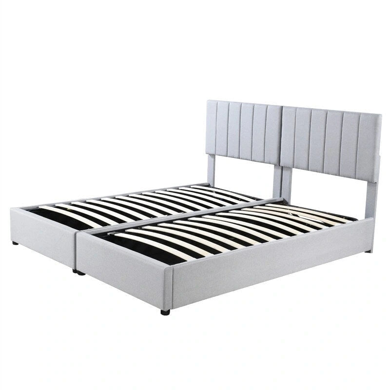 Lit coffre King Size avec tête de lit et rangement sous le lit, lit plateforme rembourré avec système de rangement hydraulique