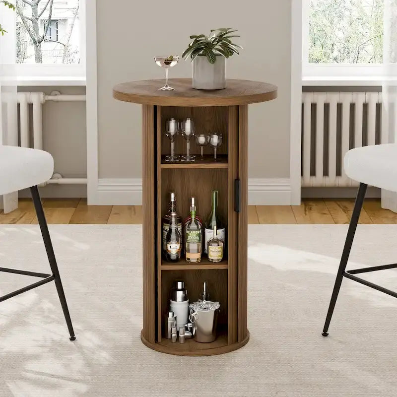 Petite table de salle à manger Tambour avec étagère de rangement à trois niveaux, table de bar ronde de 91 cm de haut - Non disponible