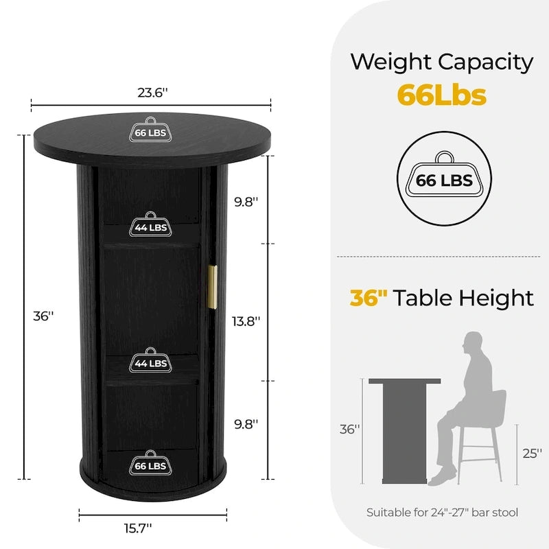 Petite table de salle à manger Tambour avec étagère de rangement à trois niveaux, table de bar ronde de 91 cm de haut - Non disponible