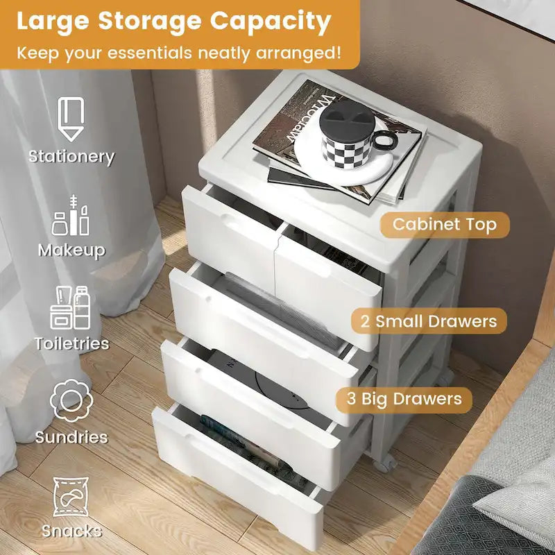 Chariot de rangement roulant Costway à 5 tiroirs en plastique avec 4 poignées universelles - Voir les détails