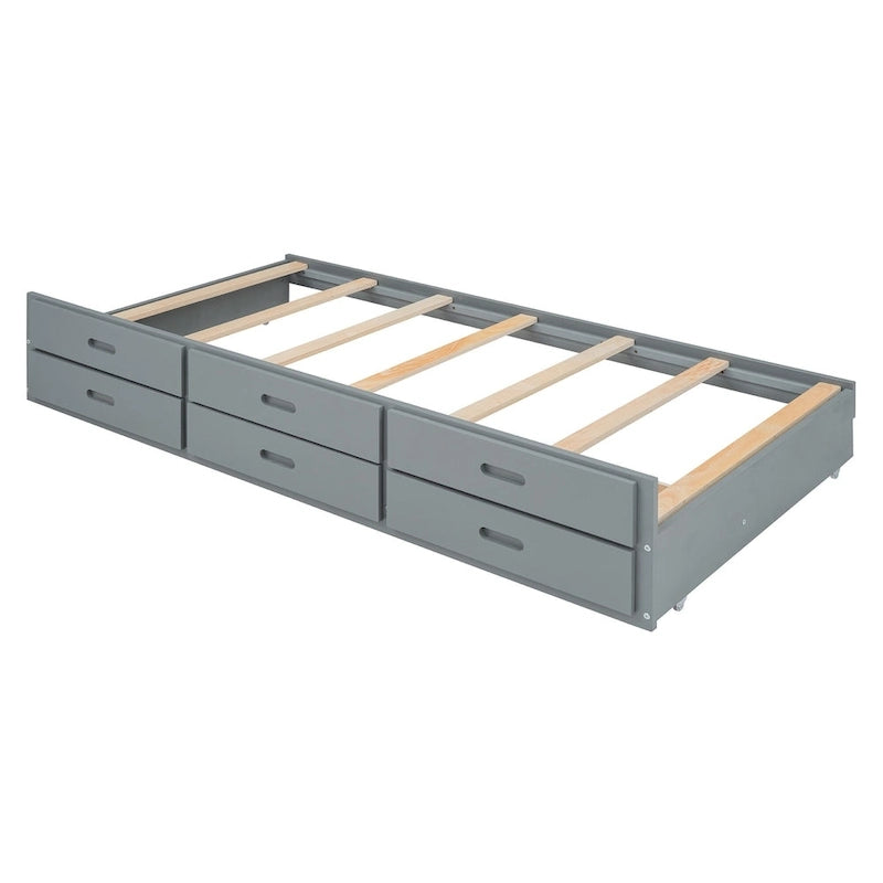 Lit plateforme en bois avec rangement intégré à la tête de lit, cadre de lit à lattes en bois avec 3 tiroirs de rangement et lit gigogne.