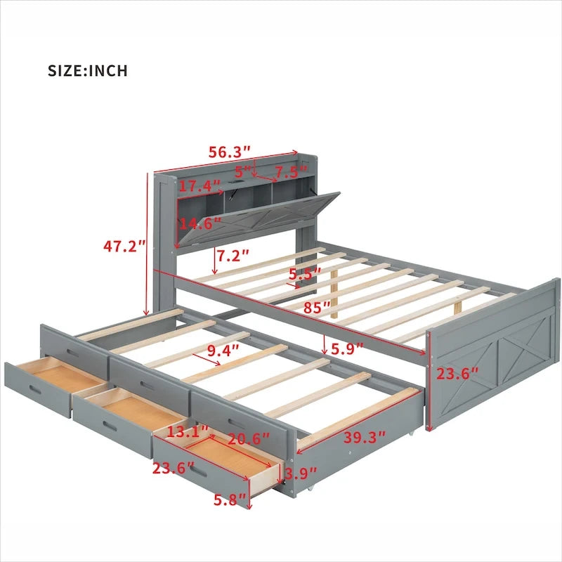 Lit plateforme en bois avec rangement intégré à la tête de lit, cadre de lit à lattes en bois avec 3 tiroirs de rangement et lit gigogne.