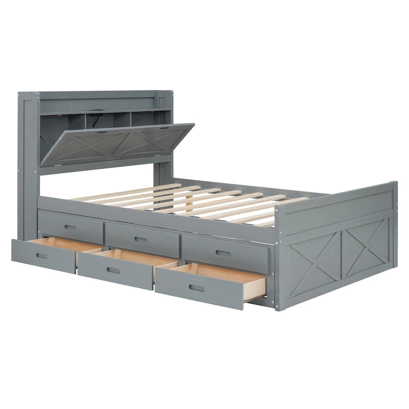 Lit plateforme en bois avec rangement intégré à la tête de lit, cadre de lit à lattes en bois avec 3 tiroirs de rangement et lit gigogne.