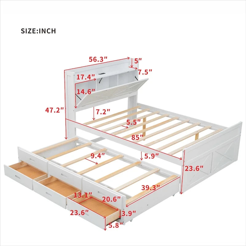 Lit plateforme en bois avec rangement intégré à la tête de lit, cadre de lit à lattes en bois avec 3 tiroirs de rangement et lit gigogne.