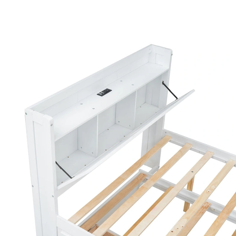 Lit plateforme en bois avec rangement intégré à la tête de lit, cadre de lit à lattes en bois avec 3 tiroirs de rangement et lit gigogne.