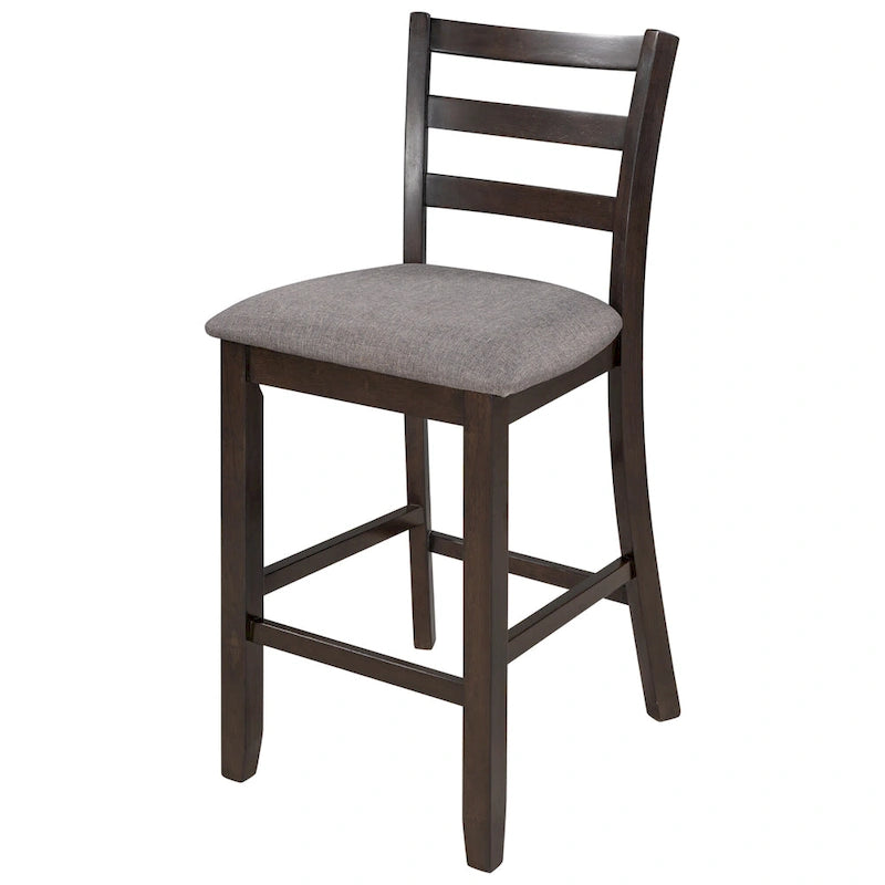 Ensemble de salle à manger 5 pièces en bois, hauteur comptoir, avec table de bar, chaises rembourrées et étagères de rangement pour la cuisine.