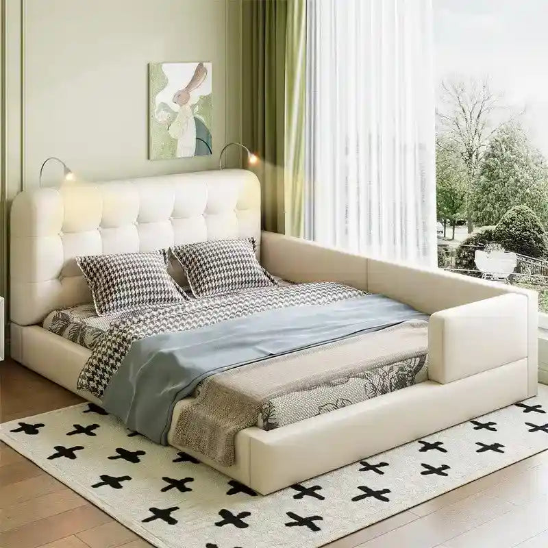 Lit plateforme rembourré avec 2 lampes de lecture intégrées, cadre de lit Queen Size en PU, lit au sol avec tête de lit capitonnée.