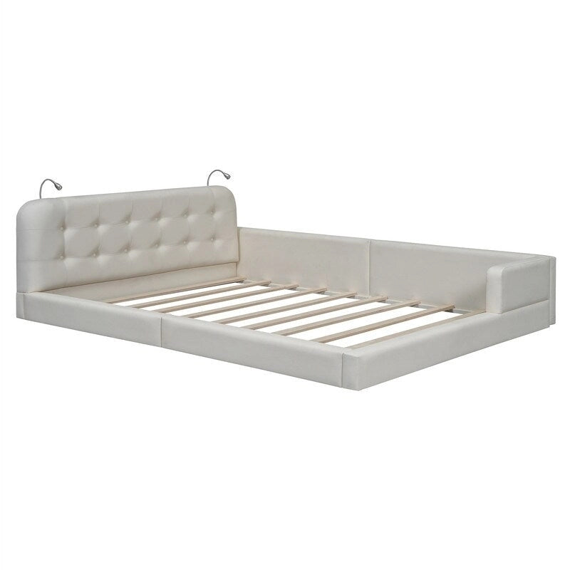 Lit plateforme rembourré avec 2 lampes de lecture intégrées, cadre de lit Queen Size en PU, lit au sol avec tête de lit capitonnée.