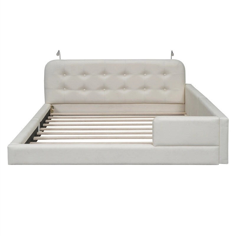 Lit plateforme rembourré avec 2 lampes de lecture intégrées, cadre de lit Queen Size en PU, lit au sol avec tête de lit capitonnée.