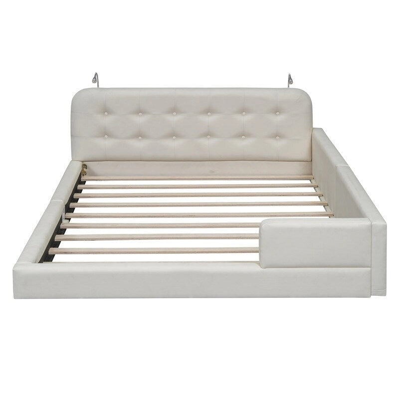 Lit plateforme rembourré avec 2 lampes de lecture intégrées, cadre de lit Queen Size en PU, lit au sol avec tête de lit capitonnée.