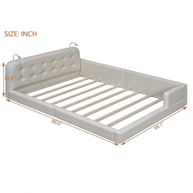 Lit plateforme rembourré avec 2 lampes de lecture intégrées, cadre de lit Queen Size en PU, lit au sol avec tête de lit capitonnée.