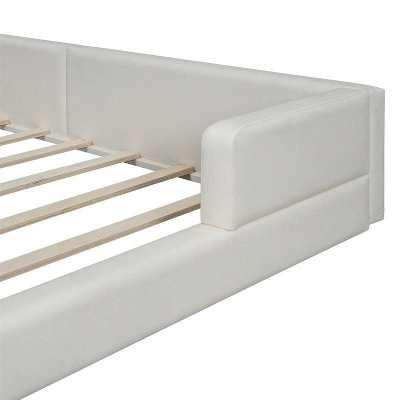 Lit plateforme rembourré avec 2 lampes de lecture intégrées, cadre de lit Queen Size en PU, lit au sol avec tête de lit capitonnée.