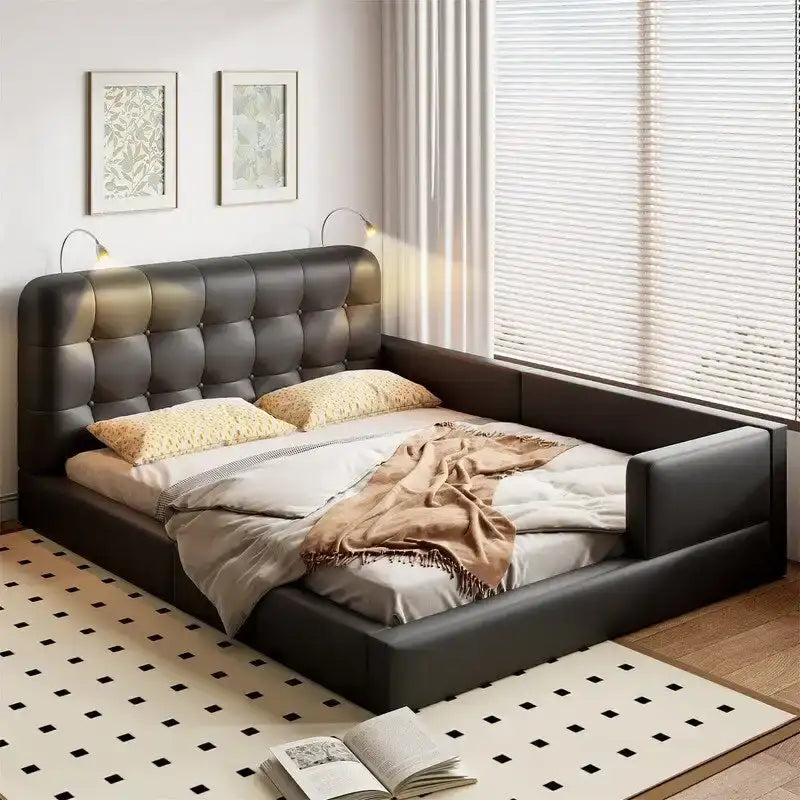 Lit plateforme rembourré avec 2 lampes de lecture intégrées, cadre de lit Queen Size en PU, lit au sol avec tête de lit capitonnée.