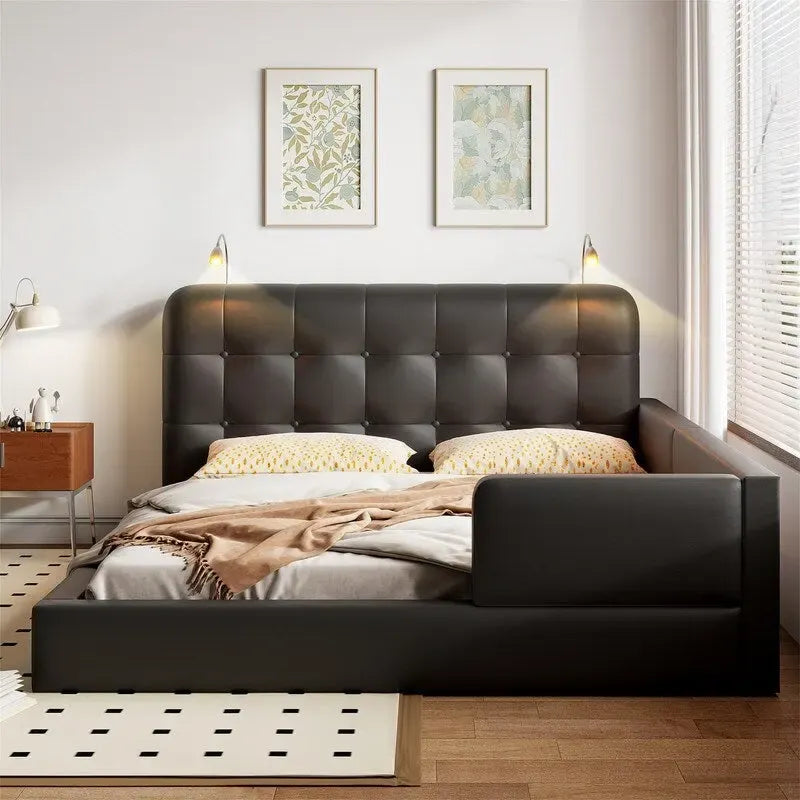 Lit plateforme rembourré avec 2 lampes de lecture intégrées, cadre de lit Queen Size en PU, lit au sol avec tête de lit capitonnée.