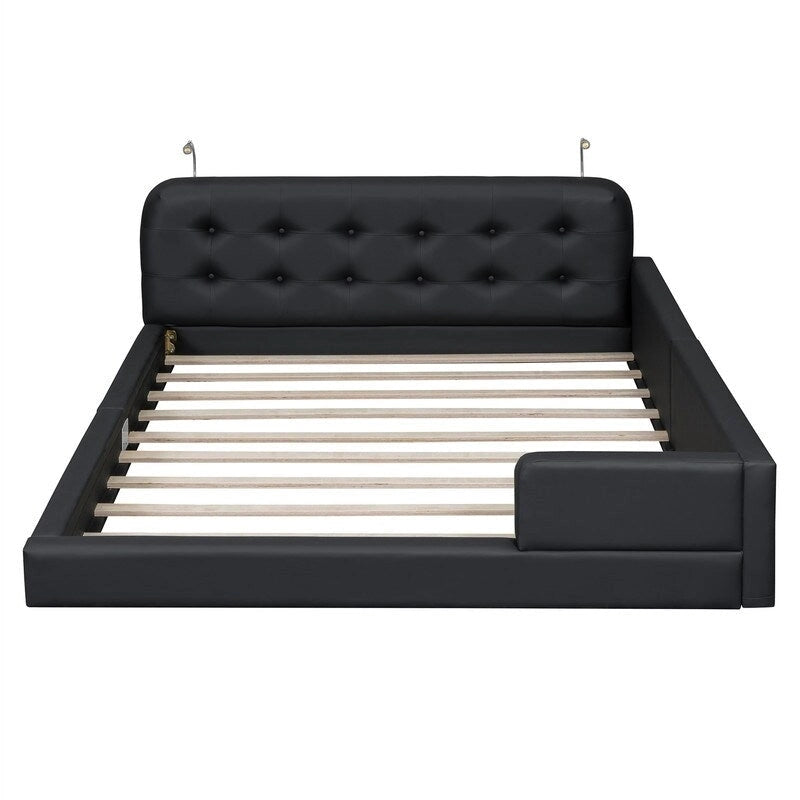 Lit plateforme rembourré avec 2 lampes de lecture intégrées, cadre de lit Queen Size en PU, lit au sol avec tête de lit capitonnée.