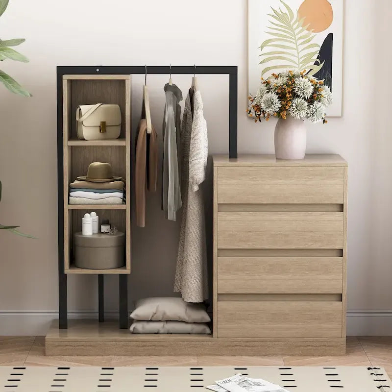 Armoire-penderie ouverte avec 4 tiroirs, 3 étagères et une tringle à vêtements. Armoire en bois autoportante pour chambre à coucher.