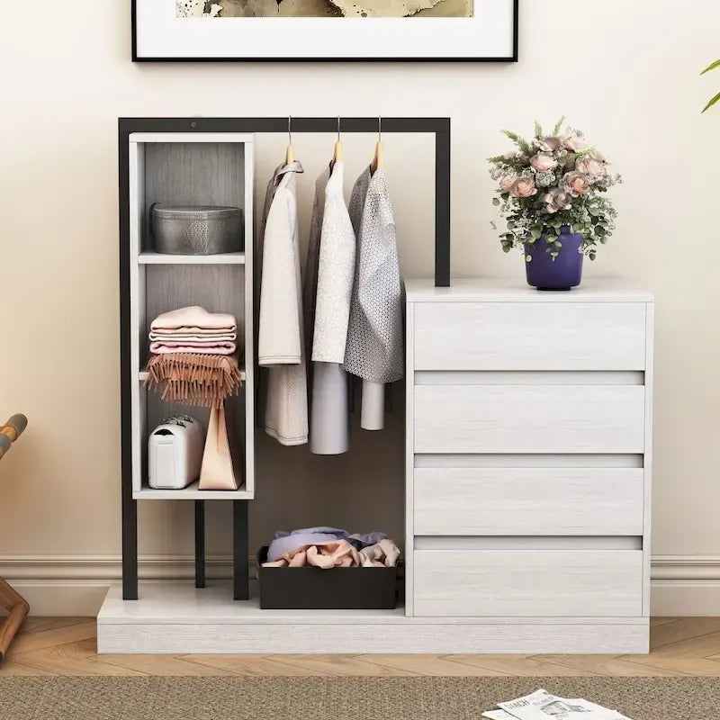 Armoire-penderie ouverte avec 4 tiroirs, 3 étagères et une tringle à vêtements. Armoire en bois autoportante pour chambre à coucher.