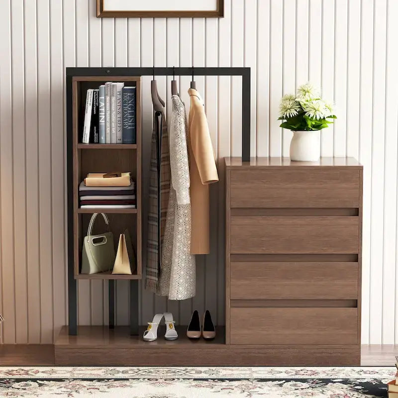 Armoire-penderie ouverte avec 4 tiroirs, 3 étagères et une tringle à vêtements. Armoire en bois autoportante pour chambre à coucher.