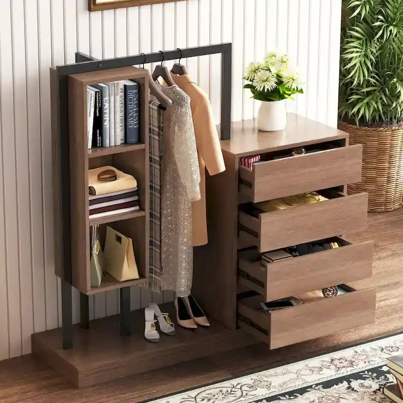 Armoire-penderie ouverte avec 4 tiroirs, 3 étagères et une tringle à vêtements. Armoire en bois autoportante pour chambre à coucher.