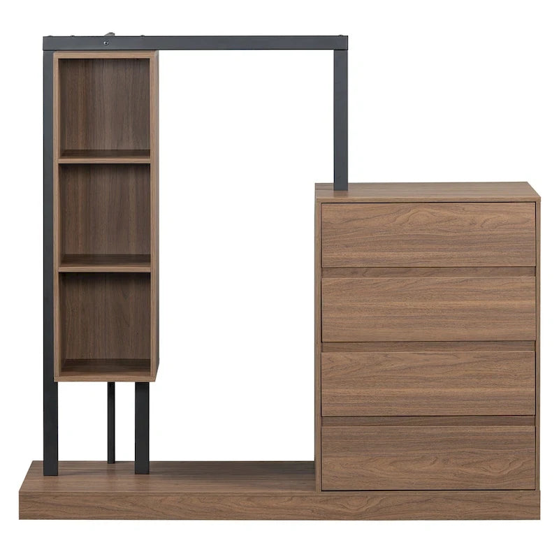 Armoire-penderie ouverte avec 4 tiroirs, 3 étagères et une tringle à vêtements. Armoire en bois autoportante pour chambre à coucher.