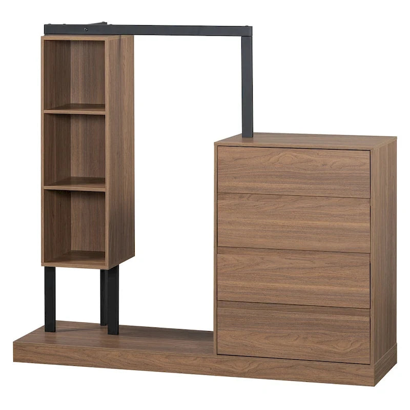 Armoire-penderie ouverte avec 4 tiroirs, 3 étagères et une tringle à vêtements. Armoire en bois autoportante pour chambre à coucher.