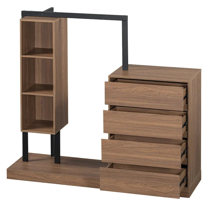 Armoire-penderie ouverte avec 4 tiroirs, 3 étagères et une tringle à vêtements. Armoire en bois autoportante pour chambre à coucher.