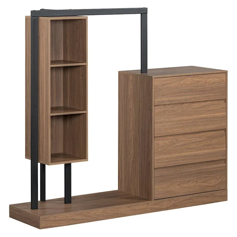Armoire-penderie ouverte avec 4 tiroirs, 3 étagères et une tringle à vêtements. Armoire en bois autoportante pour chambre à coucher.