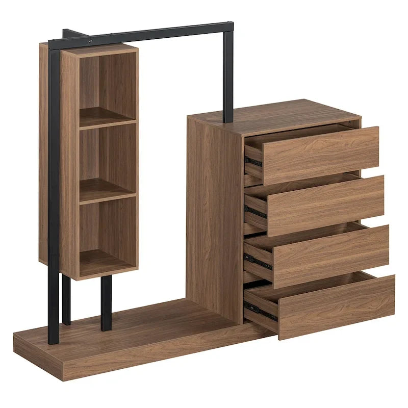 Armoire-penderie ouverte avec 4 tiroirs, 3 étagères et une tringle à vêtements. Armoire en bois autoportante pour chambre à coucher.