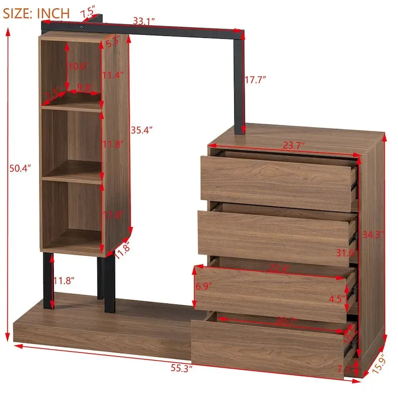 Armoire-penderie ouverte avec 4 tiroirs, 3 étagères et une tringle à vêtements. Armoire en bois autoportante pour chambre à coucher.