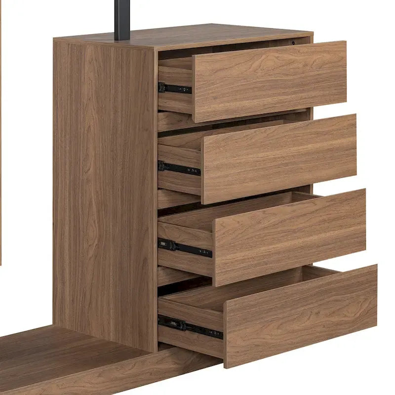Armoire-penderie ouverte avec 4 tiroirs, 3 étagères et une tringle à vêtements. Armoire en bois autoportante pour chambre à coucher.