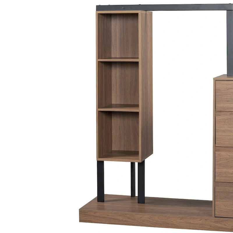 Armoire-penderie ouverte avec 4 tiroirs, 3 étagères et une tringle à vêtements. Armoire en bois autoportante pour chambre à coucher.