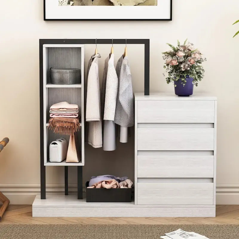 Armoire-penderie ouverte avec 4 tiroirs, 3 étagères et une tringle à vêtements. Armoire en bois autoportante pour chambre à coucher.