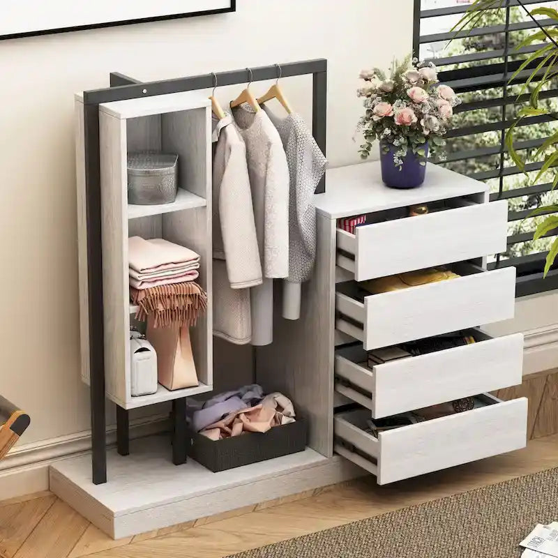 Armoire-penderie ouverte avec 4 tiroirs, 3 étagères et une tringle à vêtements. Armoire en bois autoportante pour chambre à coucher.