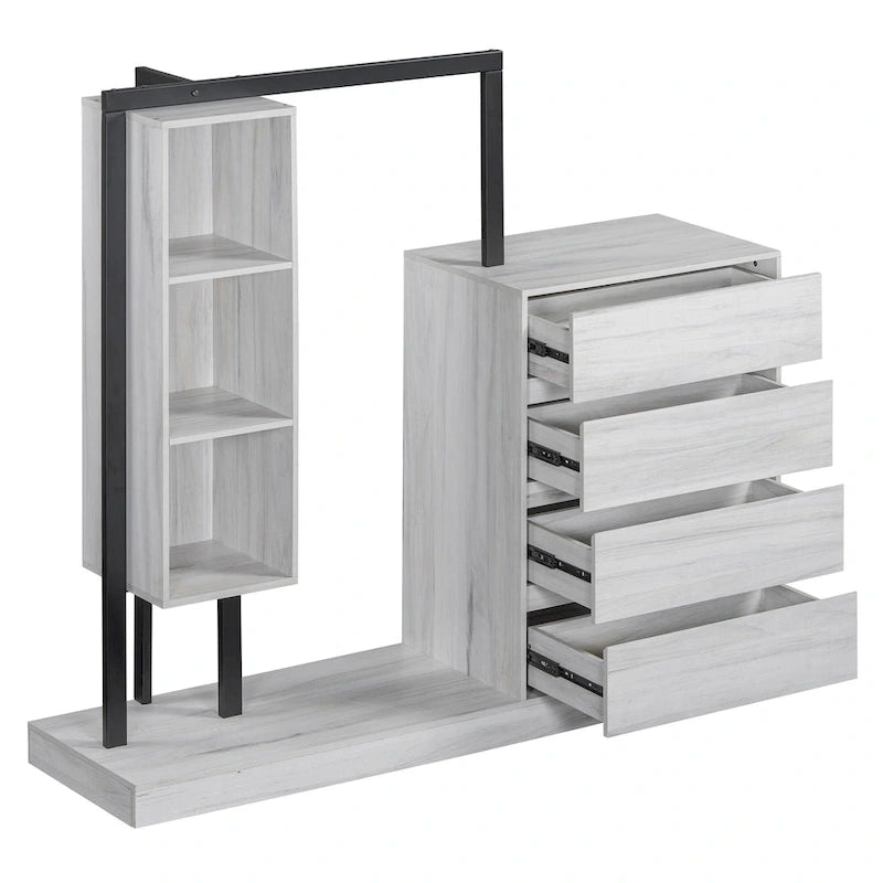 Armoire-penderie ouverte avec 4 tiroirs, 3 étagères et une tringle à vêtements. Armoire en bois autoportante pour chambre à coucher.