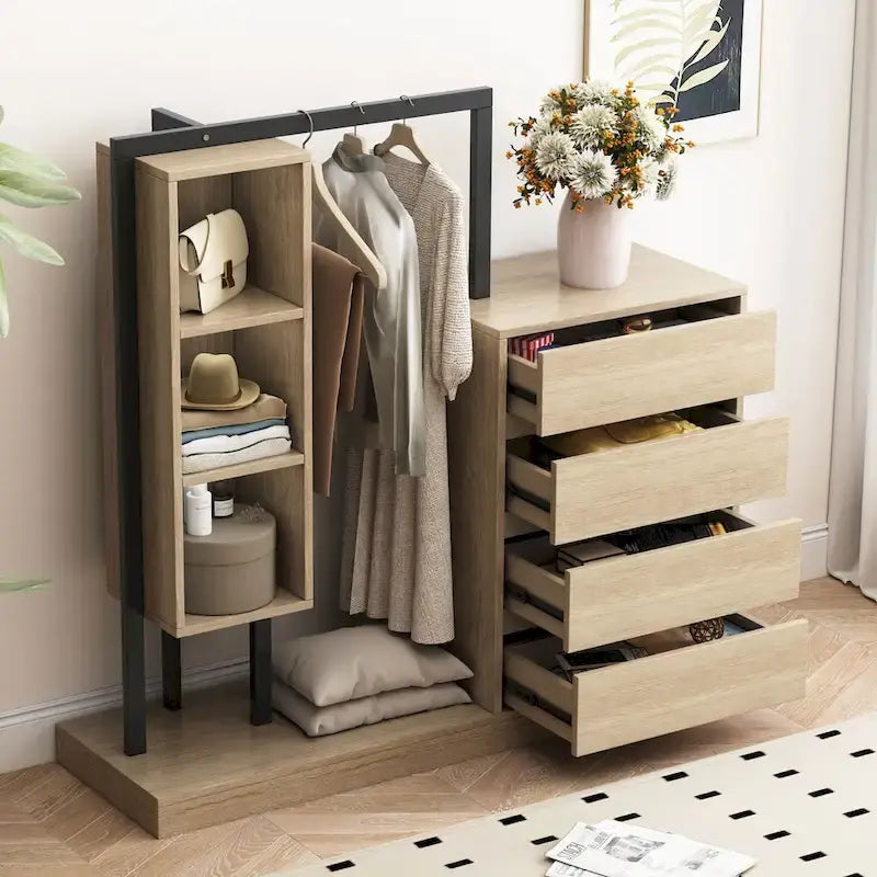 Armoire-penderie ouverte avec 4 tiroirs, 3 étagères et une tringle à vêtements. Armoire en bois autoportante pour chambre à coucher.