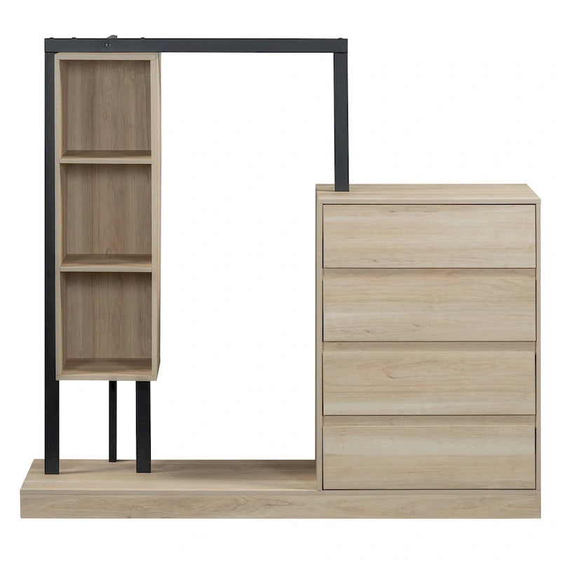 Armoire-penderie ouverte avec 4 tiroirs, 3 étagères et une tringle à vêtements. Armoire en bois autoportante pour chambre à coucher.