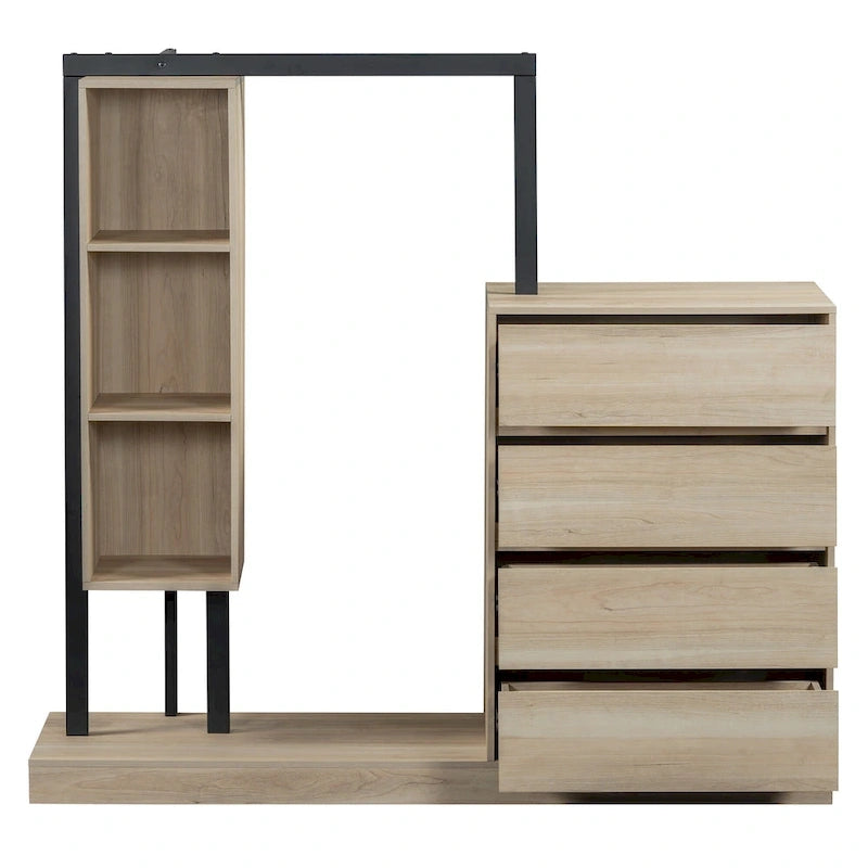 Armoire-penderie ouverte avec 4 tiroirs, 3 étagères et une tringle à vêtements. Armoire en bois autoportante pour chambre à coucher.