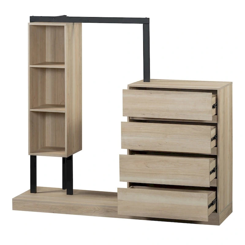 Armoire-penderie ouverte avec 4 tiroirs, 3 étagères et une tringle à vêtements. Armoire en bois autoportante pour chambre à coucher.