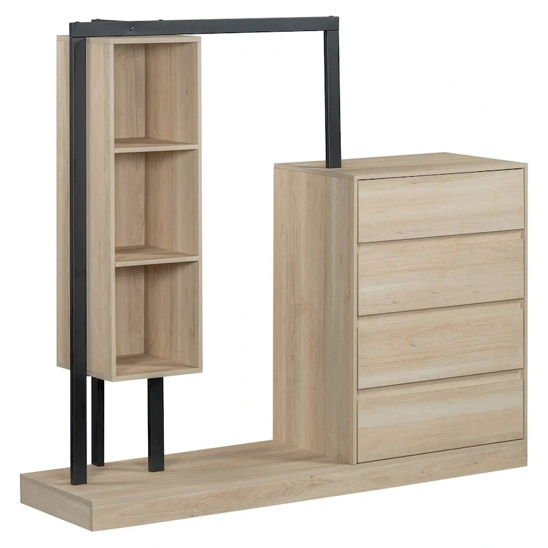 Armoire-penderie ouverte avec 4 tiroirs, 3 étagères et une tringle à vêtements. Armoire en bois autoportante pour chambre à coucher.